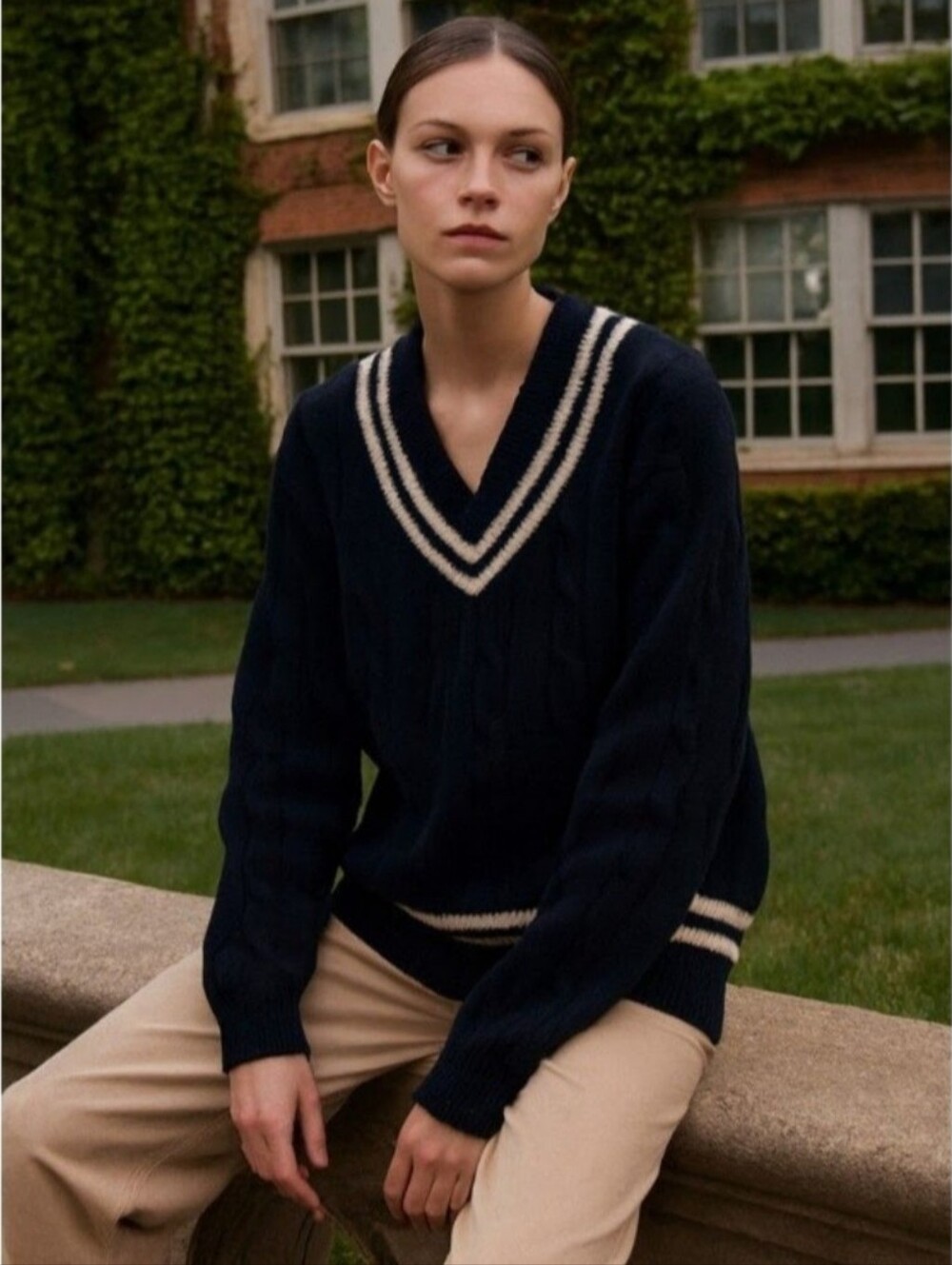 Brandy Melville dark navy blue wool oversized chunky v-neck sweater